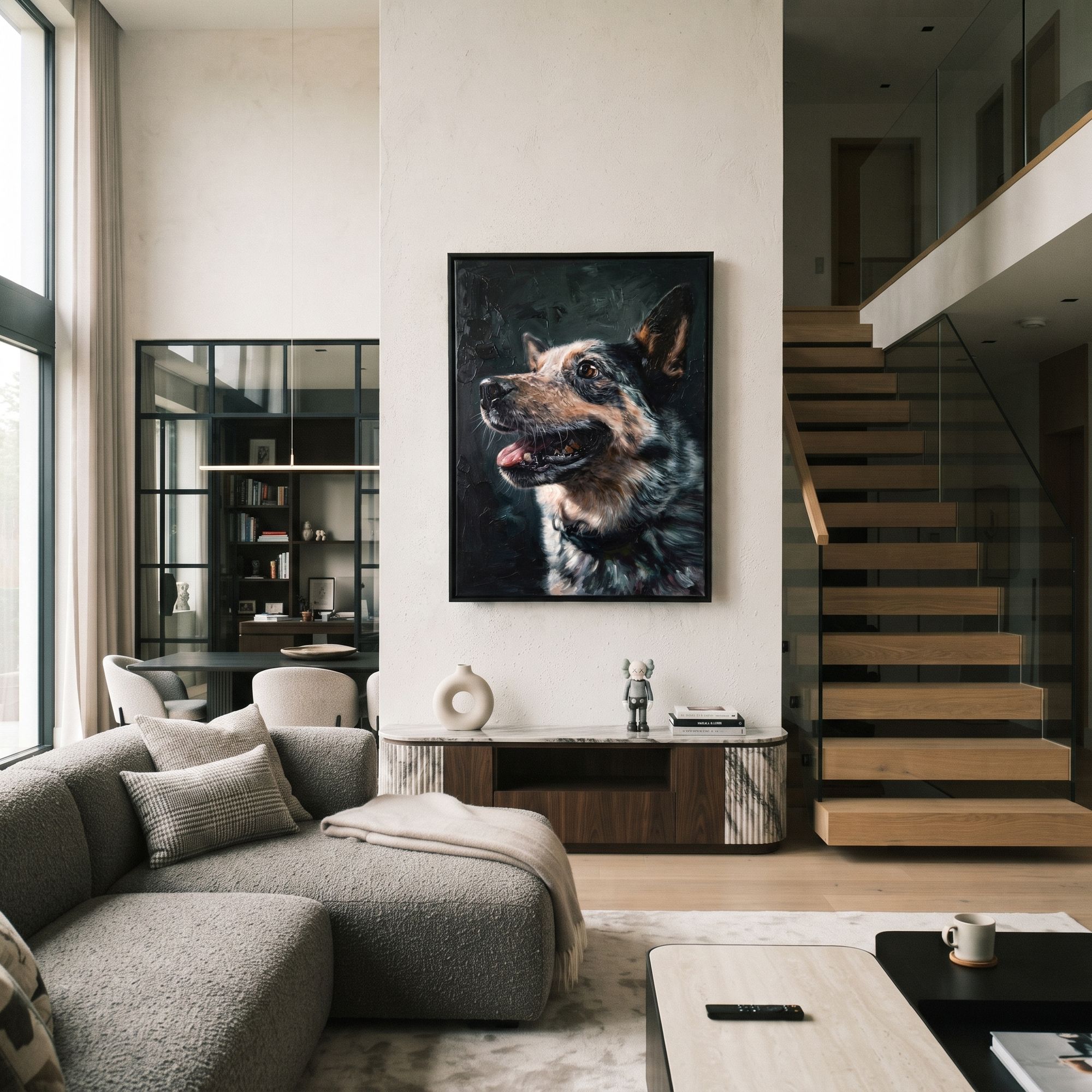 Black dog portrait displayed in a dark-toned living room