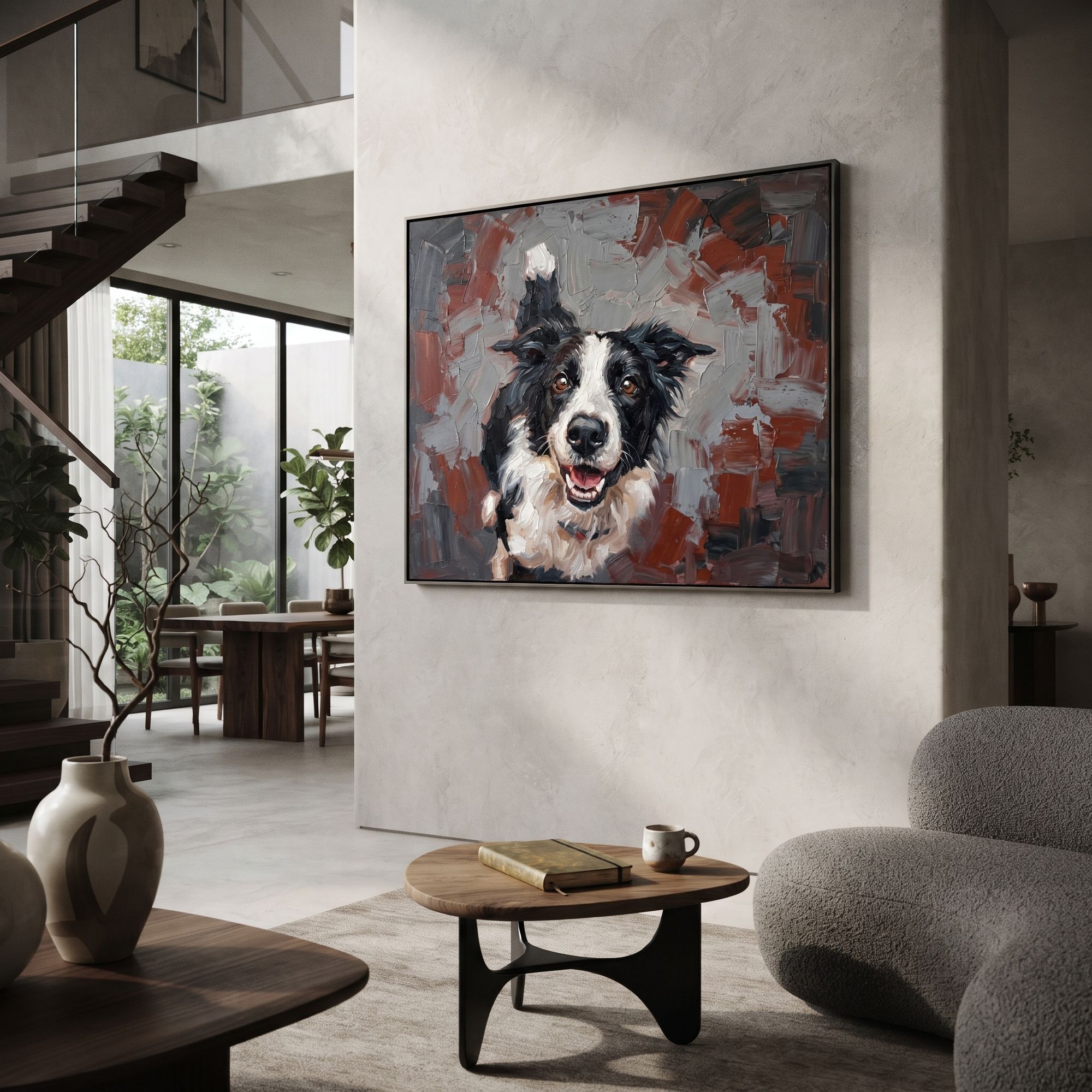Border collie portrait displayed in an autumn-toned living room