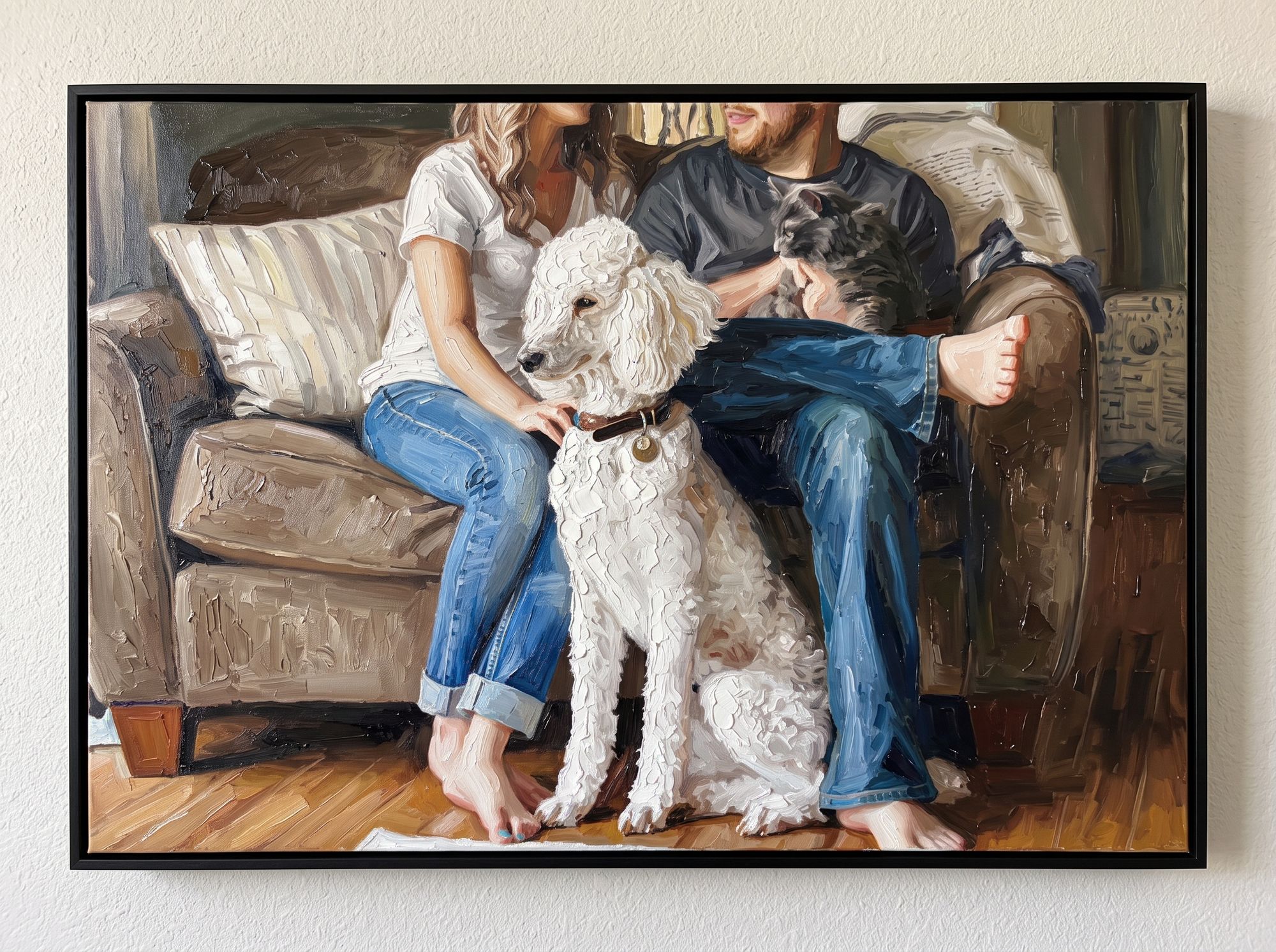 Oil painting: couple with poodles on a couch