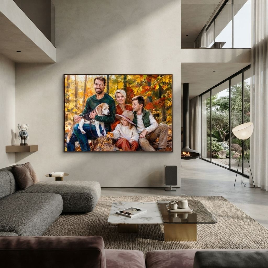 Family with a dog in an autumn-toned living room