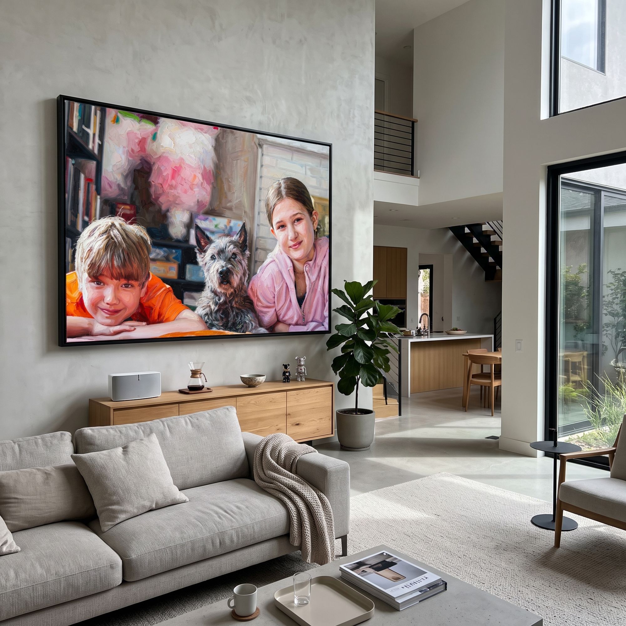Girl with two golden retrievers in a living room portrait mockup