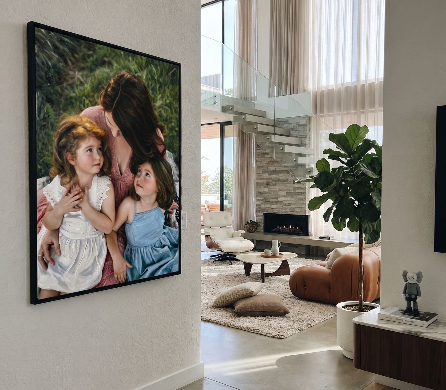 Mother and two children in a living room portrait mockup