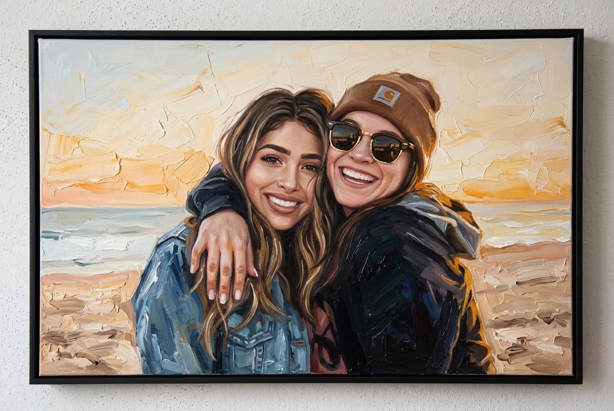 Oil painting: three friends outdoors at sunset