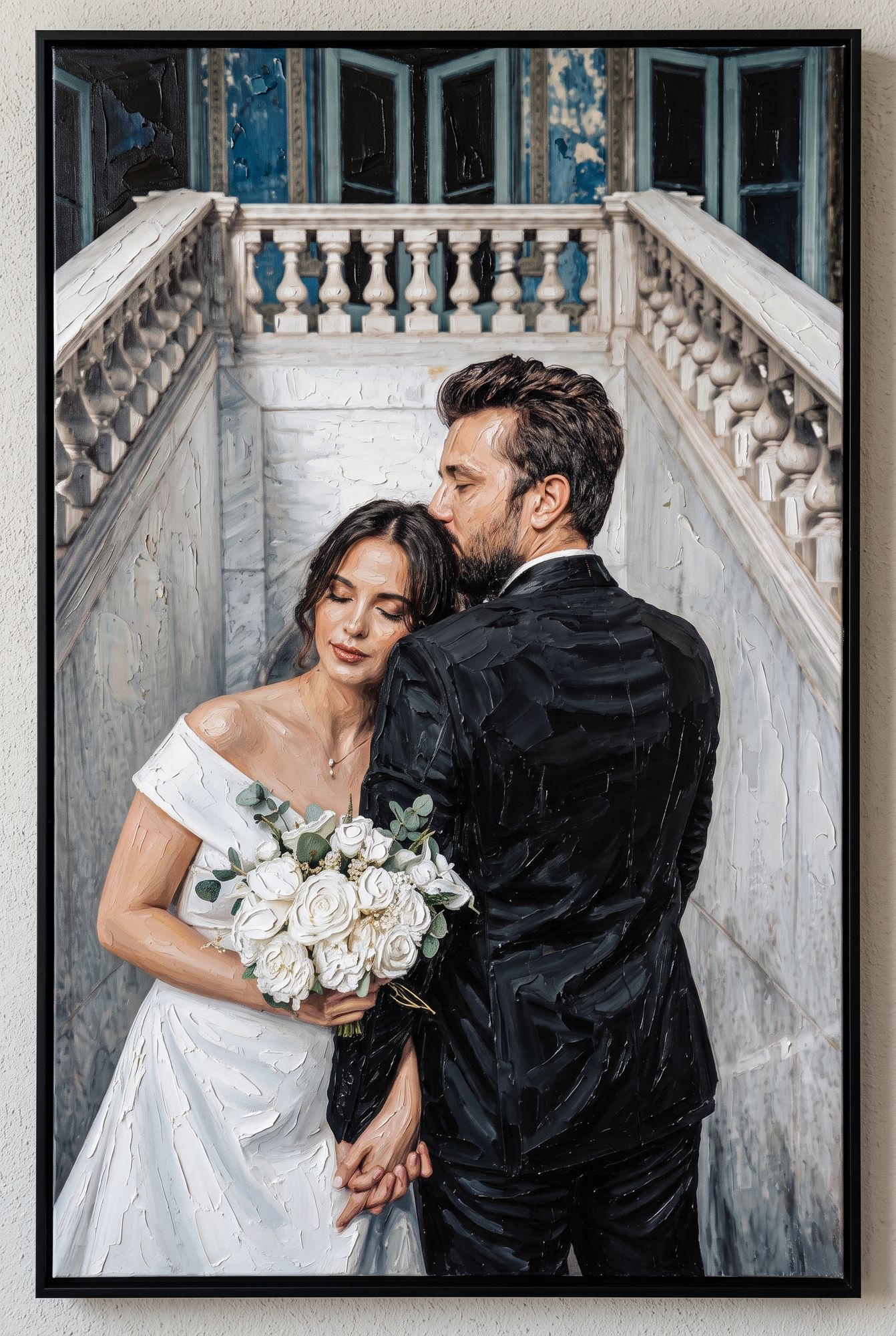 Oil painting: wedding couple on stairs