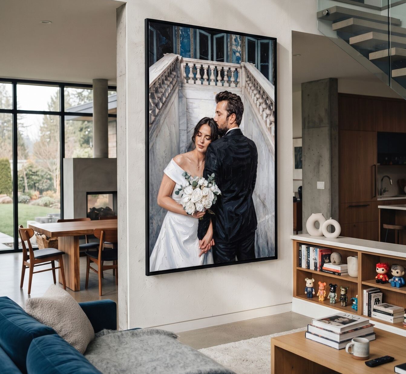 Wedding couple portrait displayed beside a staircase