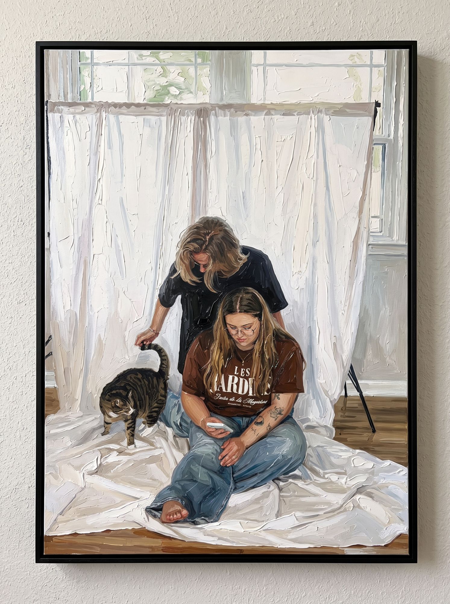Oil painting: woman hugging her dog
