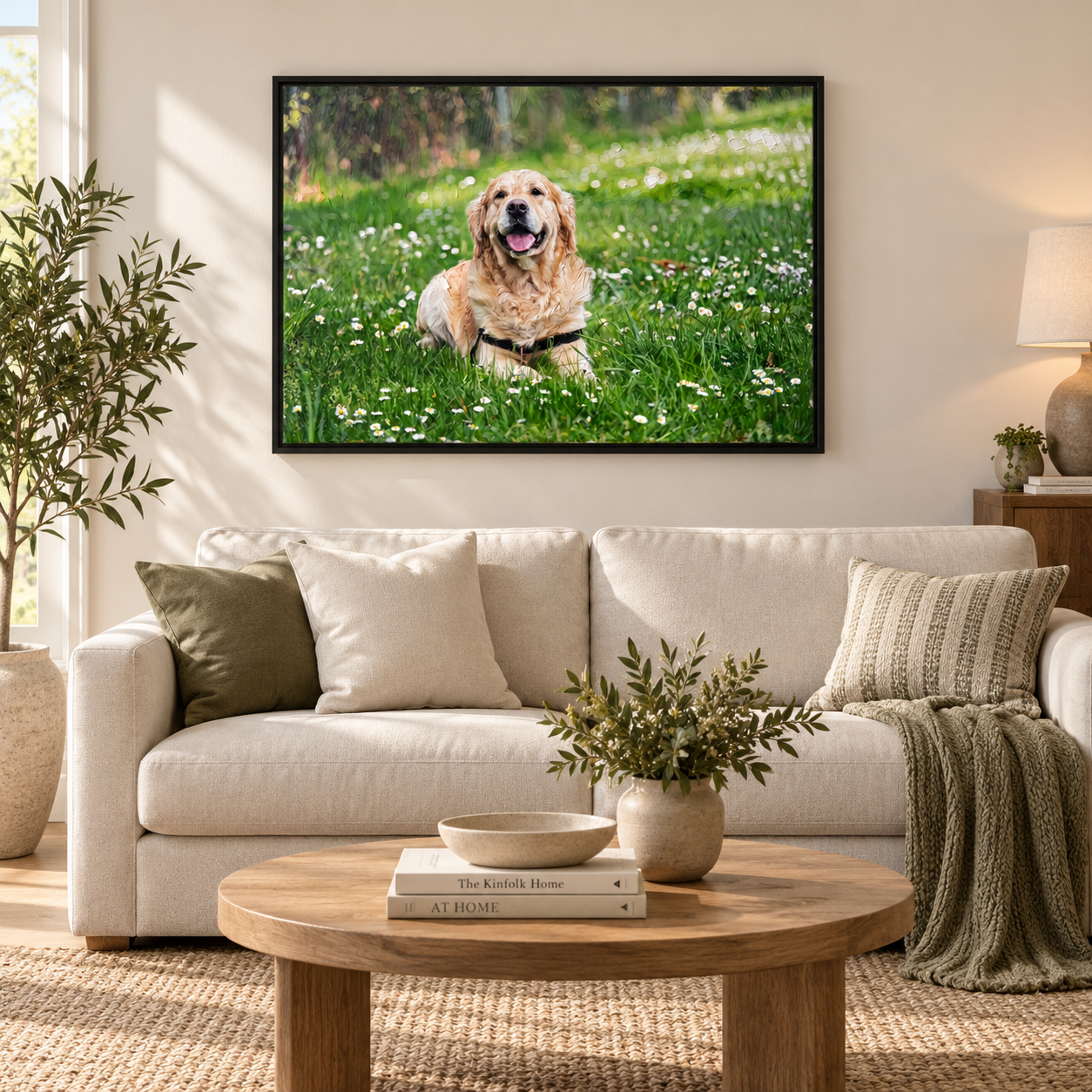 Golden retriever portrait displayed in a sunlit living room